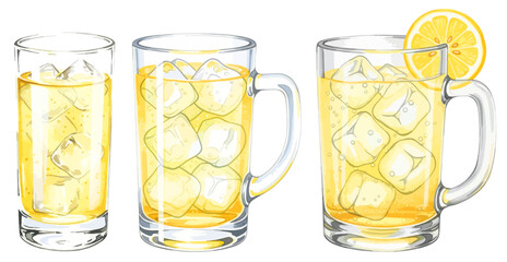 ハイボールとウイスキーソーダのイラストセット（ジョッキ・レモン・氷）,お酒,アルコール,飲み物,居酒屋メニュー