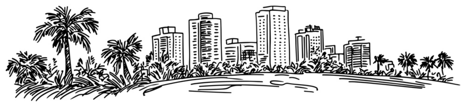 Tropical coastal city skyline line art illustration &ndash; palm tree urban beachscape vector graphic