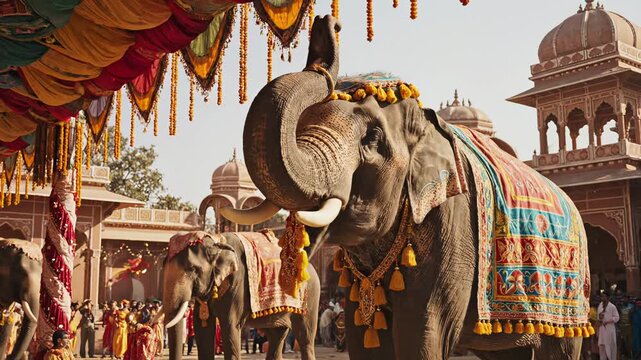 Majestic Elephants adorned with colorful textiles participate in a vibrant cultural festival with people gathered in traditional attire amidst ancient architecture under a bright sunny sky