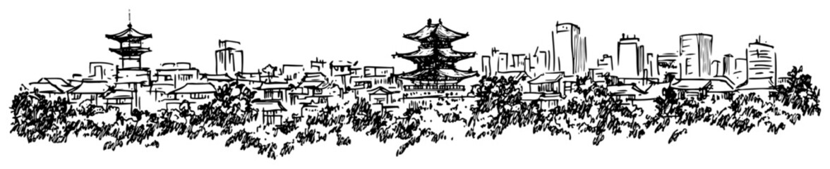Asian city skyline with pagoda line art illustration – hand drawn urban landscape vector graphic © Tomas