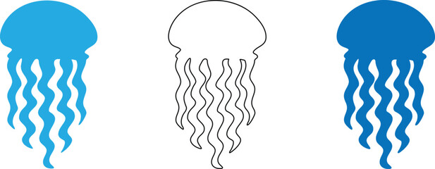 Three jellyfish icons in blue and black lines on white background © MD