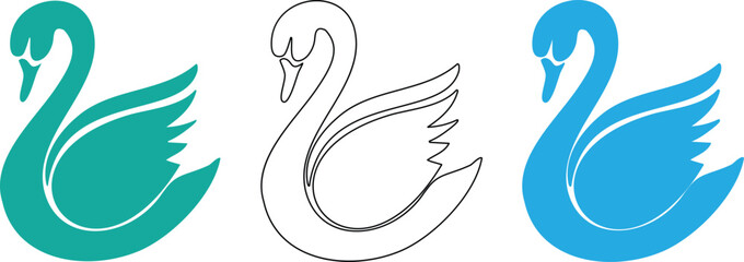 Three swan silhouettes in different colors on white background © MD