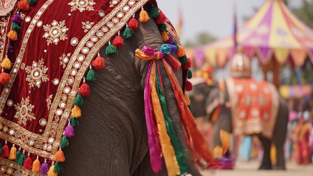 Ornate Elephant Decorated With Rich Red Fabric And Colorful Tassels Adorned With Mirrored Embellishments During A Daytime Festival Parade With Other Elephants And Tents In The Background