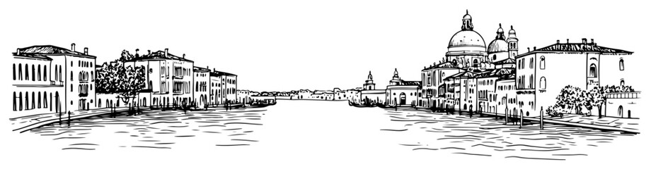 Venice Grand Canal with Santa Maria della Salute waterfront black and white hand drawn cityscape vector illustration © Tomas