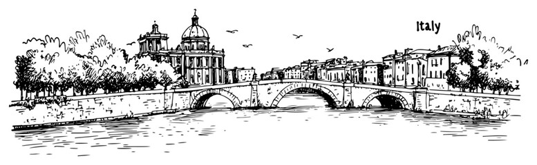 Obraz premium Rome riverfront skyline line art illustration – hand drawn Italian bridge and basilica vector graphic