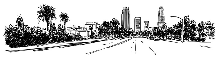 Palm lined boulevard to modern city skyline line art illustration – wide urban avenue vector graphic © Tomas