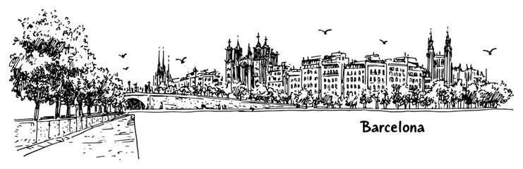 Fototapeta premium Barcelona waterfront skyline line art illustration – hand drawn Catalan cityscape vector graphic