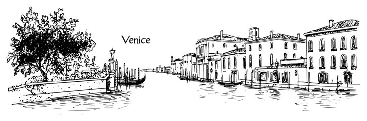 Obraz premium Venice canal promenade with facades and mooring posts hand drawn cityscape vector illustration