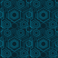 Abstract Geometric Pattern with Hexagonal Shapes in Blue Tones on Dark Background for Modern Digital and Print Design