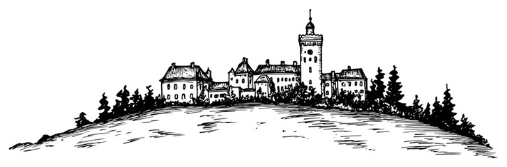 Obraz premium Hilltop Castle and Forest Landscape Panorama – Black and White Vector Illustration