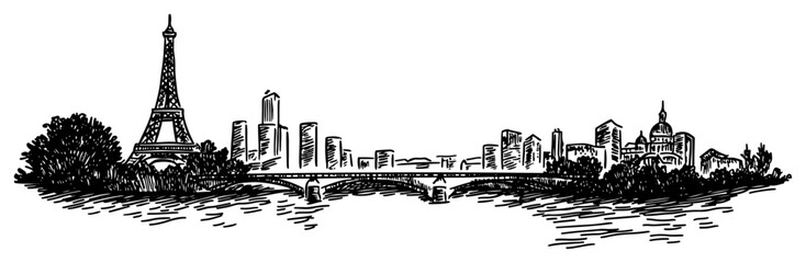 Obraz premium Paris skyline along Seine with Eiffel Tower bridge and riverside hand drawn cityscape vector illustration