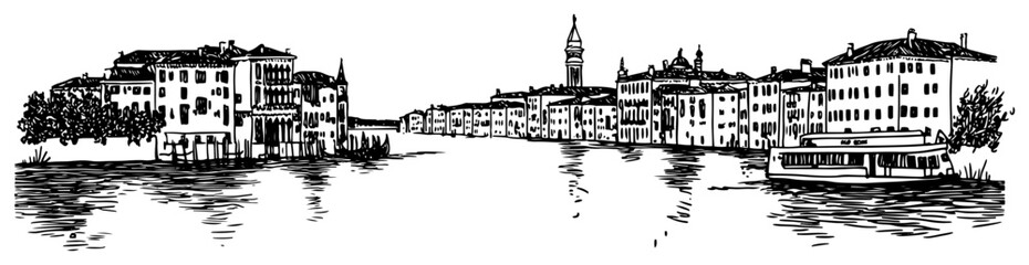 Venetian Grand Canal skyline line art illustration – hand drawn Italy cityscape vector graphic © Tomas