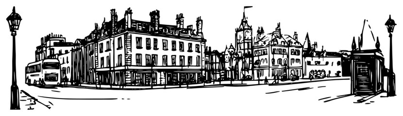Edinburgh city street panorama line art illustration – hand drawn Scottish capital vector graphic © Tomas