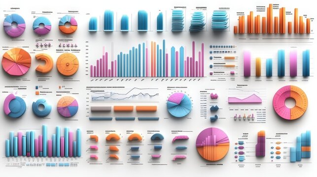 A digital 3D rendering showcases a selection of data visualization tools including pie charts, bar graphs, and line graphs.