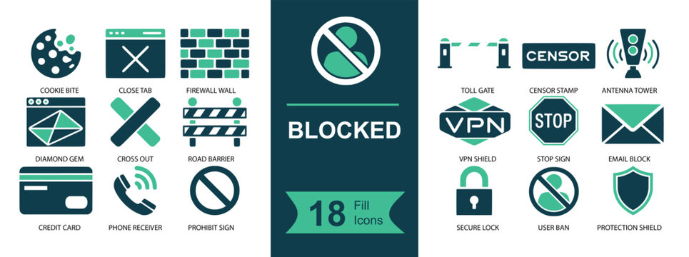 Blocked icon set. Containing access denied, censorship, content filter, firewall, VPN, privacy, lock, shield, stop sign, barrier gate, spam, restricted and more. Solid icons collection