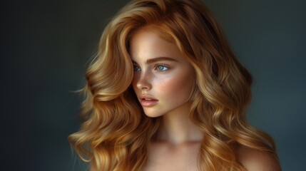Naklejka premium A woman's portrait features long, wavy hair and a partially shadowed face against a dark backdrop.