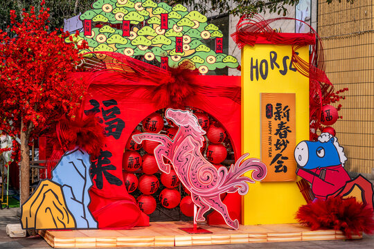 Horse decorations in the street in Jingan area for 2026 horse Chinese new year in Shanghai China