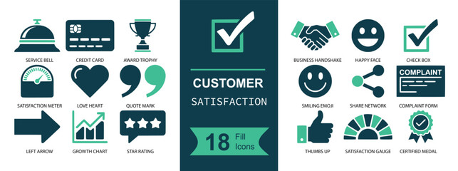 Customer satisfaction icon set. Containing rating, review, feedback, bell, complaint, approval, smiley, handshake, quality badge, loyalty and more. Solid fill vector icons collection
