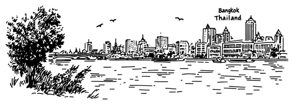 Bangkok riverside skyline with modern buildings and waterfront hand drawn cityscape vector illustration