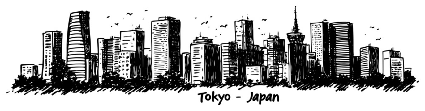 Tokyo skyline panorama modern high rise buildings black and white hand drawn cityscape vector illustration