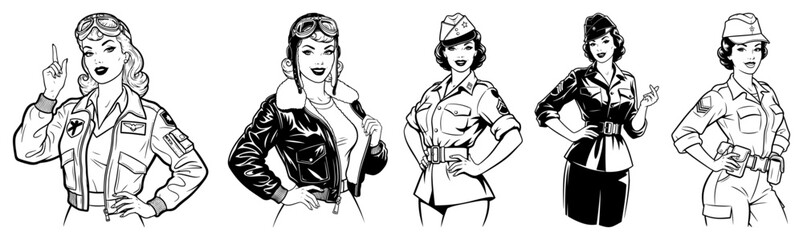 Retro pin up women in military and aviation uniforms black and white vintage character vector illustration © Tomas