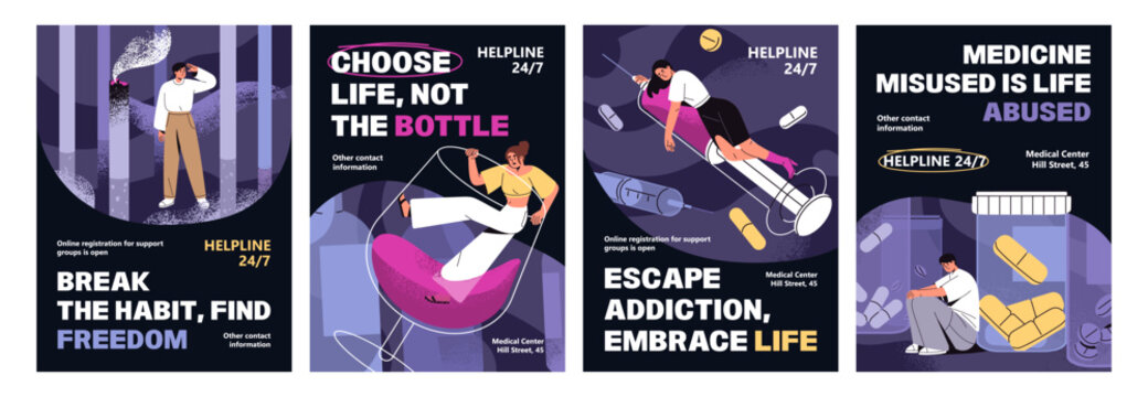 Set of advertising posters of helpline for people with drug, cigarette and alcohol addictions. Characters abuse, have dependence. Promotion templates of rehab medical center. Flat vector illustrations