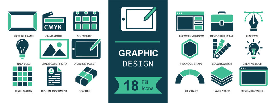 Graphic Design icon set featuring tablet stylus, CMYK color, calendar grid, photo frame, lightbulb idea, palette and swatches, vector pen tool, layers, UI layout and design elements. Solid fill vector