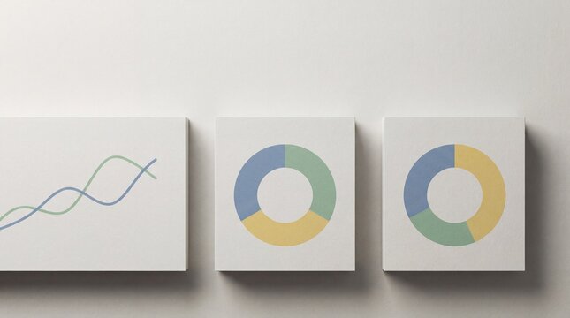 Minimal paper texture background with three chart blocks, two donut charts and smooth line graph, large copy space header for KPI metrics overview and business report presentation