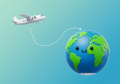 Cartoon airplane flying around smiling globe with dotted line travel route on blue gradient background