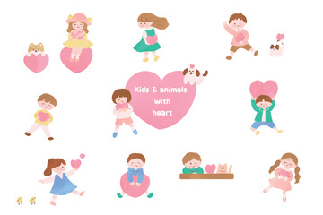 ハートを持つ子供と動物たちの絵本タッチのイラスト｜愛情・思いやり・友情のコンセプト