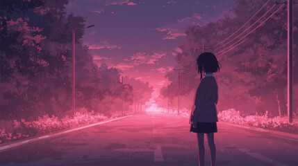 Fototapeta premium A cinematic anime-inspired scene in gentle pink tones capturing a female silhouette standing beside a quiet road at night, fully clothed and seen from a side angle so no facial detail
