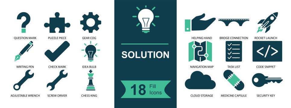 Solution icon set. Containing idea bulb, puzzle piece, gear, check mark, question mark, tools, wrench, roadmap, checklist, code, rocket, cloud, key and more. Solid fill vector icons collection