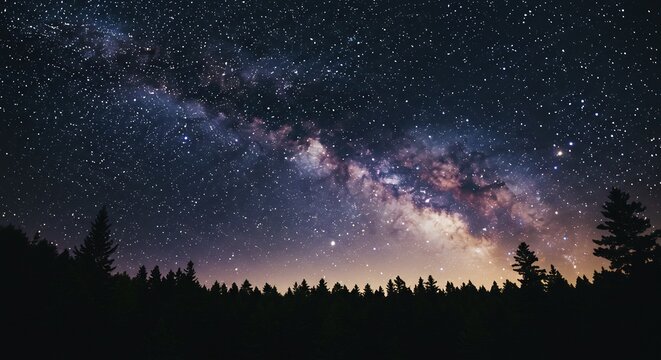 静寂な夜の森を背景に無限に広がる天の川が宇宙の輝きを放つ神秘的な星空. AI Generated