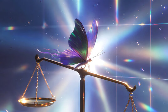 Cinematic close up of butterfly resting on golden scales of justice with bright light beams and lens flare effect on dark blue cosmic background