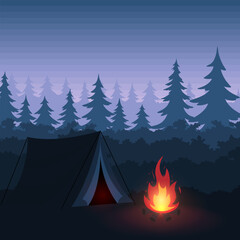 camping in evening forest