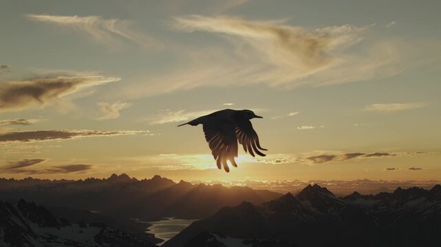 Bird silhouette flies across sunset sky above mountain range, wings flapping in calm quiet warm light, static shot by Generative AI