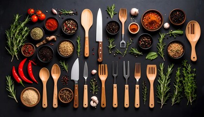 Culinary Arrangement: Spices, Herbs, and Utensils on a Dark Background.