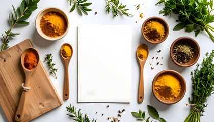 Culinary Composition: Spices, Herbs, and Blank Card on White Background, Top-Down View