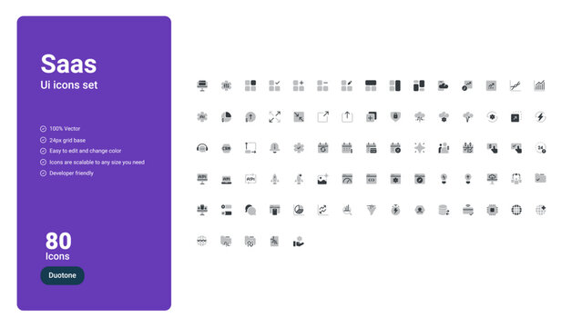 SaaS UI Icons Set includes 80 clean and modern Duotone icons designed specifically for SaaS platforms, dashboards, and digital products.

All icons are 100% vector, built on a 24px grid.