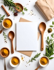 Culinary Composition: Turmeric, Herbs, and Wooden Spoons Arranged Around a Blank Card