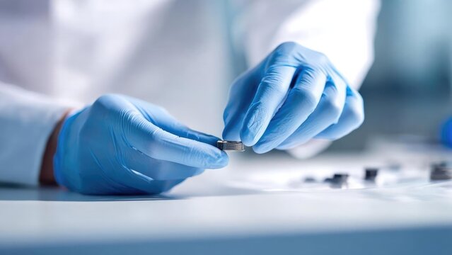 Lab worker in blue gloves handling a small round metal component on a clean bench, likely a wafer or microchip. Concept Lab technician, blue gloves, clean bench, semiconductor wafer