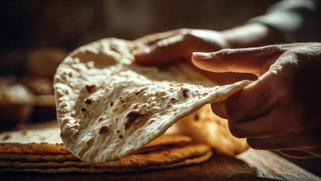 A hand lifting a freshly baked flatbread (roti/chapati) from a stack. Concept Freshly baked roti being lifted from a stack, Steam rising as a hand lifts hot flatbread