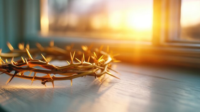 Crown of thorns reflecting golden sun rays on a wooden surface, symbolizing sacrifice, redemption, and christian faith
