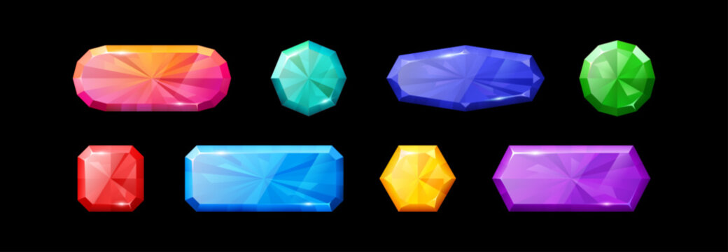 Game UI elements with gem buttons and diamond frames for fantasy interfaces. Cartoon crystal icons of colorful jewels, magical badges and ice stones in geometric shapes for medieval app design.
