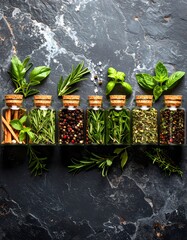 Culinary herbs and spices in glass jars with cork stoppers on a dark stone background