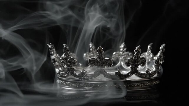 A silver crown against a dark background, partially obscured by wisps of white smoke, creating an ethereal scene