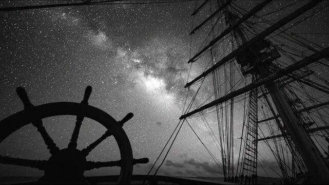 Black and white image of a sailboat with stars. The helm and rigging are silhouetted against the night sky