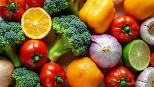 Assorted fresh vegetables and fruits including tomatoes, broccoli, onion, citrus, bell peppers, and garlic arranged on a bright surface, highlighting healthy eating and organic food concepts.