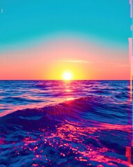 A beautiful sunset over the ocean with a pink and blue sky
