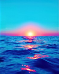 A beautiful blue ocean with a pink sun in the sky